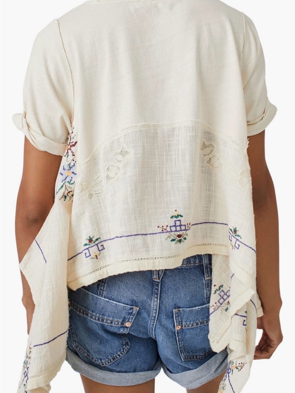 We The Free Embroidered Gauze Patchwork Tee Boho Oversized Raw Hem Top Small - Picture 4 of 8